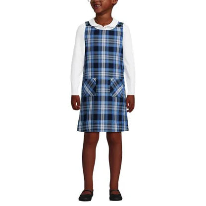 School Uniform Girls Plaid Button Shoulder Patch Pocket Jumper