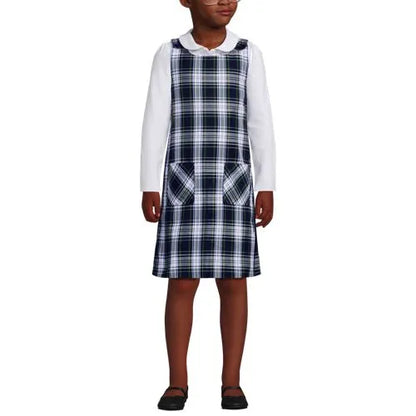 School Uniform Girls Plaid Button Shoulder Patch Pocket Jumper