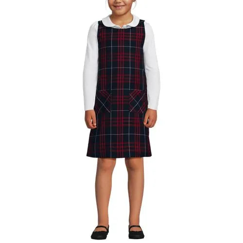 School Uniform Girls Plaid Button Shoulder Patch Pocket Jumper