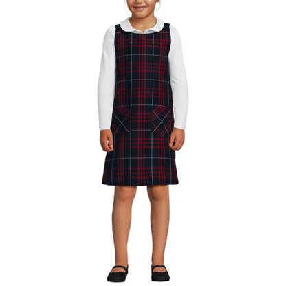 School Uniform Girls Plaid Button Shoulder Patch Pocket Jumper