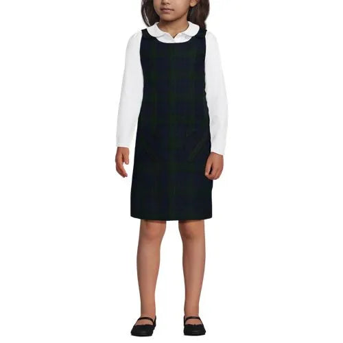School Uniform Girls Plaid Button Shoulder Patch Pocket Jumper