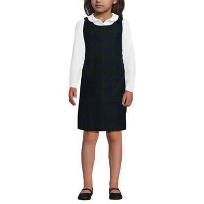 School Uniform Girls Plaid Button Shoulder Patch Pocket Jumper