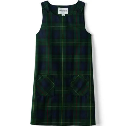 School Uniform Girls Plaid Button Shoulder Patch Pocket Jumper