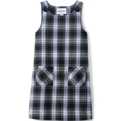 School Uniform Girls Plaid Button Shoulder Patch Pocket Jumper