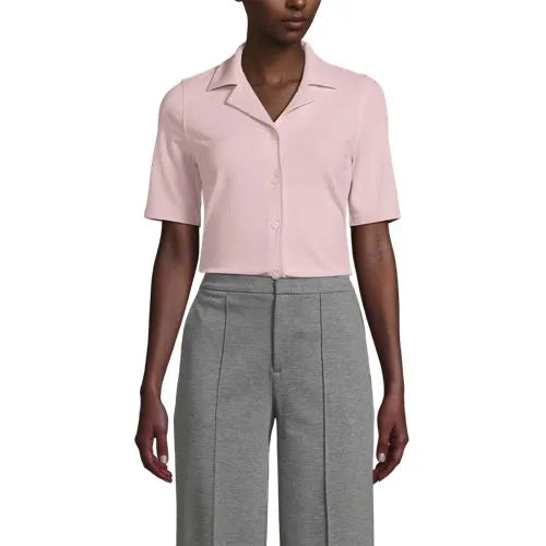 School Uniform Women's Drop Needle Rib Half Sleeve Button Front Top