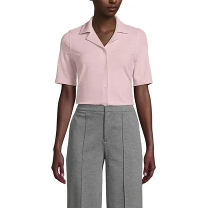 School Uniform Women's Drop Needle Rib Half Sleeve Button Front Top