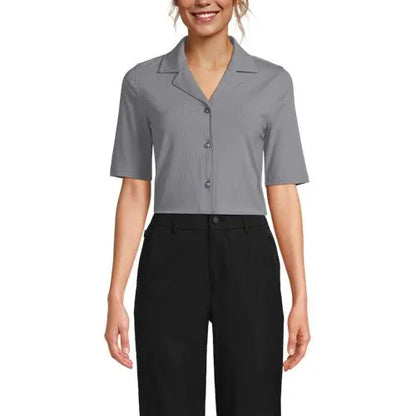 Women's Drop Needle Rib Half Sleeve Button Front Top