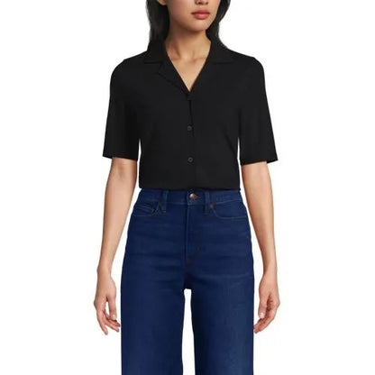 Women's Drop Needle Rib Half Sleeve Button Front Top