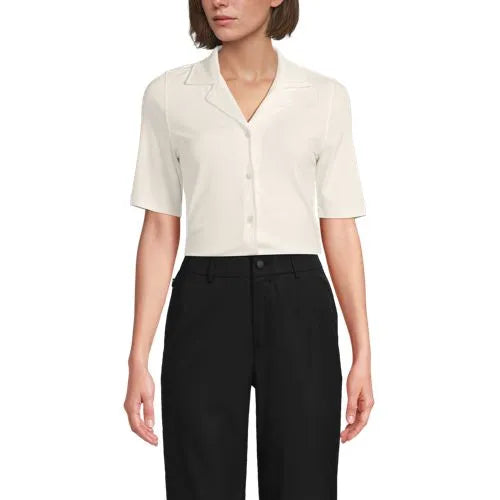 Women's Drop Needle Rib Half Sleeve Button Front Top