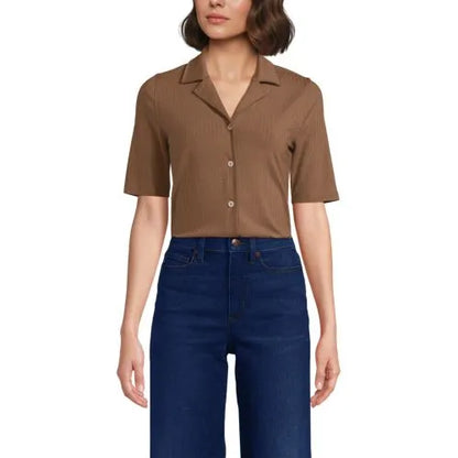 School Uniform Women's Drop Needle Rib Half Sleeve Button Front Top