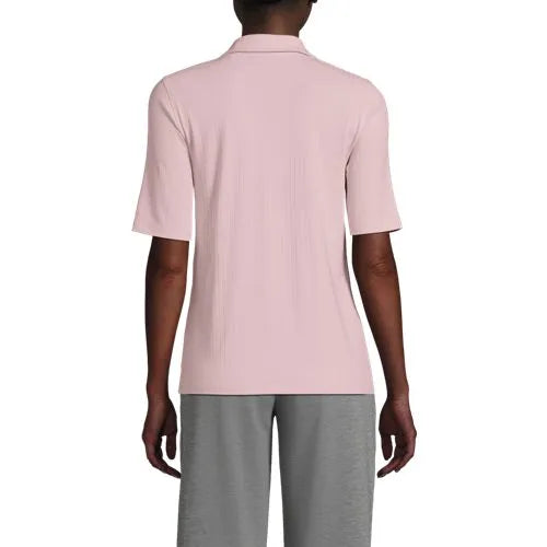School Uniform Women's Drop Needle Rib Half Sleeve Button Front Top