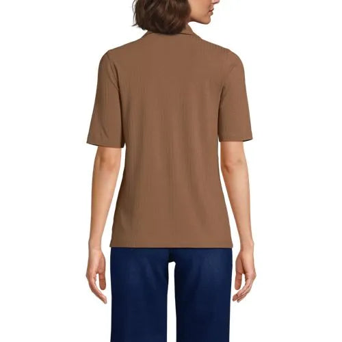School Uniform Women's Drop Needle Rib Half Sleeve Button Front Top