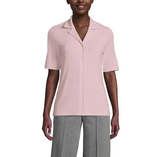 School Uniform Women's Drop Needle Rib Half Sleeve Button Front Top