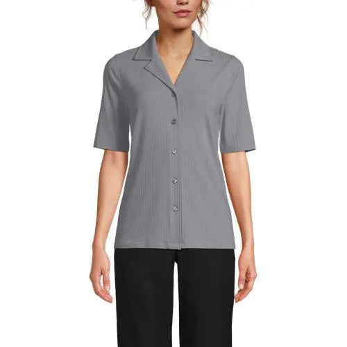 Women's Drop Needle Rib Half Sleeve Button Front Top