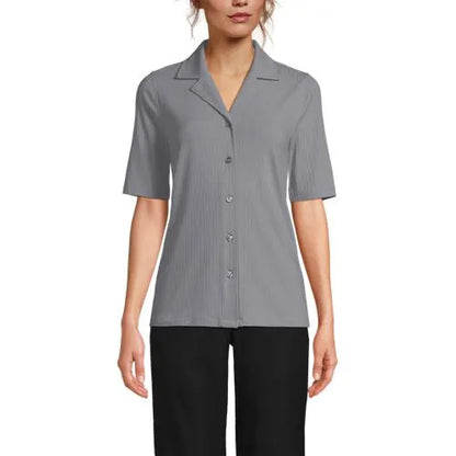 Women's Drop Needle Rib Half Sleeve Button Front Top