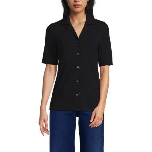 Women's Drop Needle Rib Half Sleeve Button Front Top
