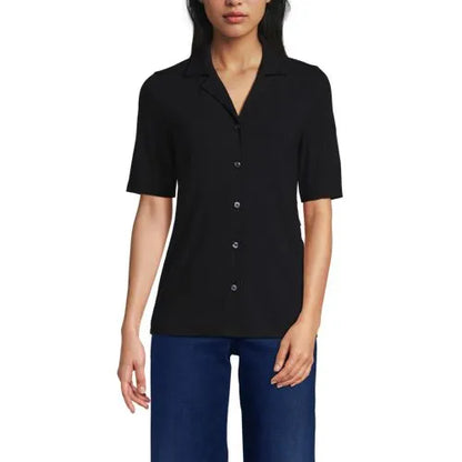Women's Drop Needle Rib Half Sleeve Button Front Top
