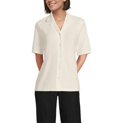 Women's Drop Needle Rib Half Sleeve Button Front Top