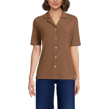 School Uniform Women's Drop Needle Rib Half Sleeve Button Front Top