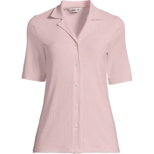 Women's Drop Needle Rib Half Sleeve Button Front Top