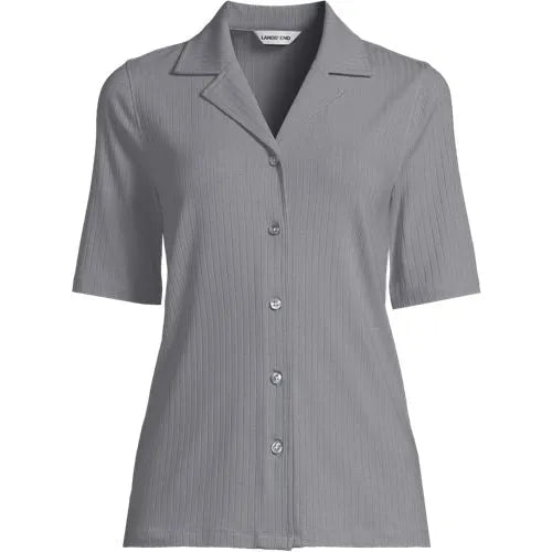 Women's Drop Needle Rib Half Sleeve Button Front Top