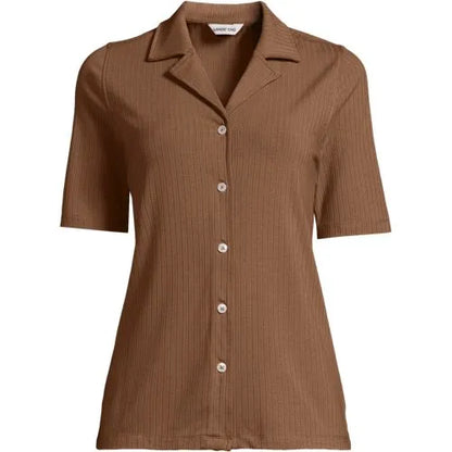 School Uniform Women's Drop Needle Rib Half Sleeve Button Front Top
