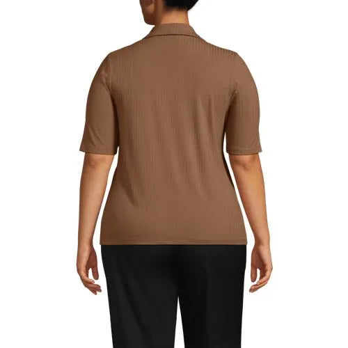 School Uniform Women's Drop Needle Rib Half Sleeve Button Front Top