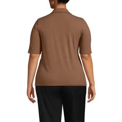 School Uniform Women's Drop Needle Rib Half Sleeve Button Front Top