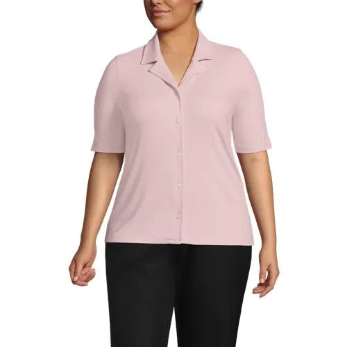 Women's Drop Needle Rib Half Sleeve Button Front Top