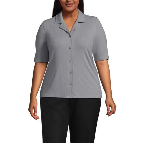 Women's Drop Needle Rib Half Sleeve Button Front Top