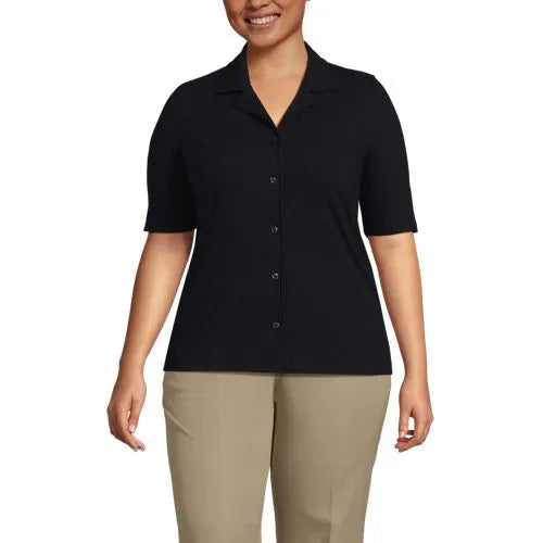 Women's Drop Needle Rib Half Sleeve Button Front Top