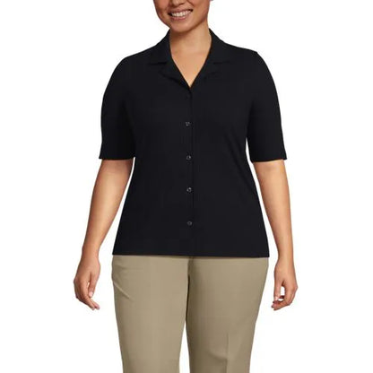 Women's Drop Needle Rib Half Sleeve Button Front Top