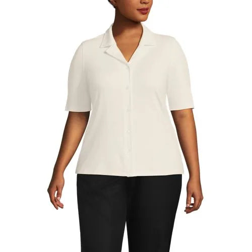 Women's Drop Needle Rib Half Sleeve Button Front Top