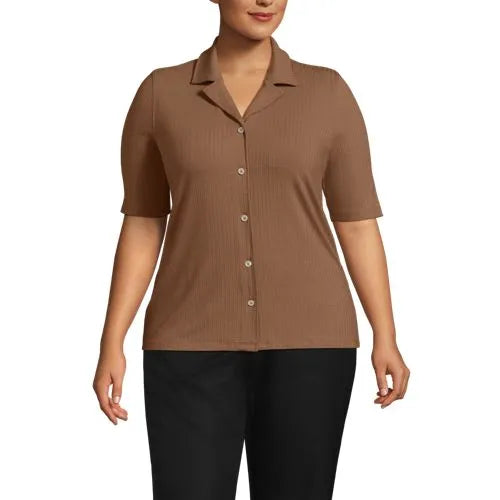 School Uniform Women's Drop Needle Rib Half Sleeve Button Front Top