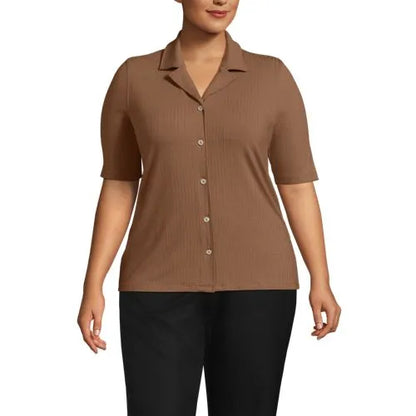 School Uniform Women's Drop Needle Rib Half Sleeve Button Front Top