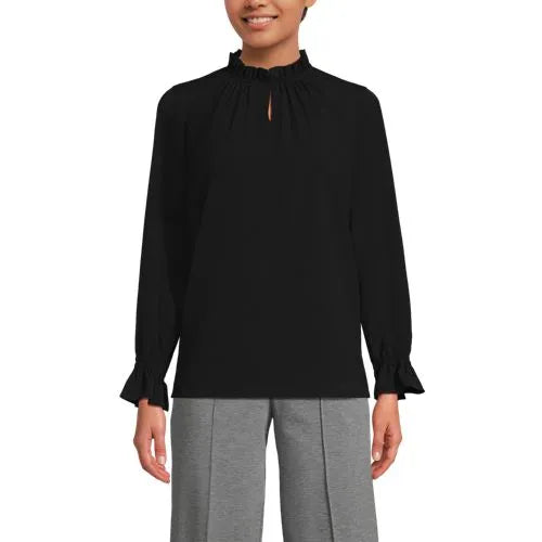 Women's Crepe Long Sleeve Convertible Ruffle Collar Blouse