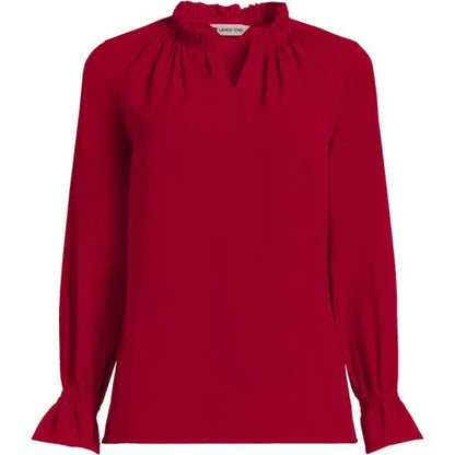 Women's Crepe Long Sleeve Convertible Ruffle Collar Blouse