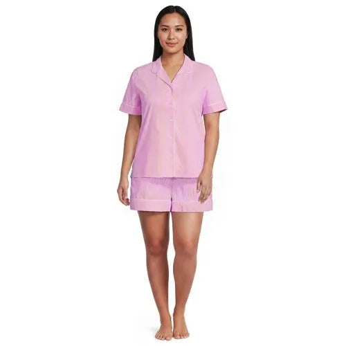 Women's Cotton Poplin 2 Piece Pajama Set - Short Sleeve Top and Shorts