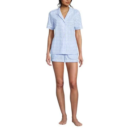 Women's Cotton Poplin 2 Piece Pajama Set - Short Sleeve Top and Shorts