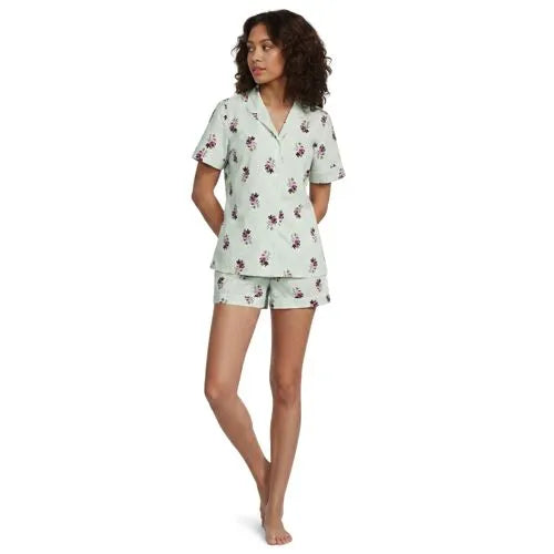 Women's Cotton Poplin 2 Piece Pajama Set - Short Sleeve Top and Shorts
