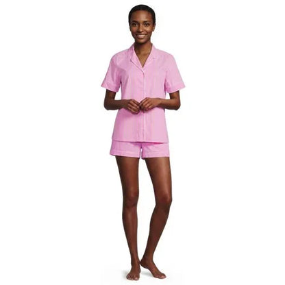 Women's Cotton Poplin 2 Piece Pajama Set - Short Sleeve Top and Shorts