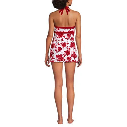Womens V-neck Halter Mini Swim Dress