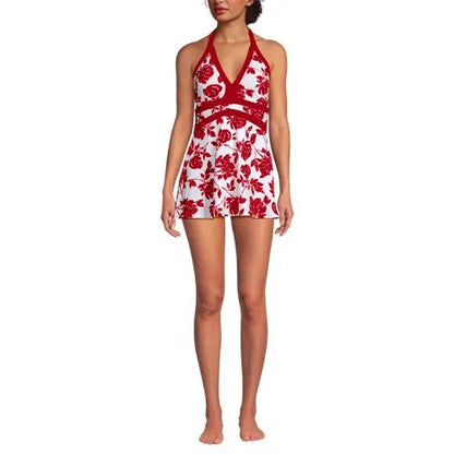 Womens V-neck Halter Mini Swim Dress