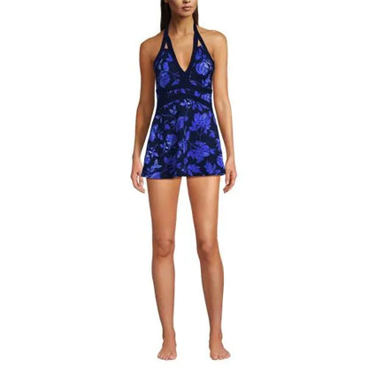 Womens V-neck Halter Mini Swim Dress
