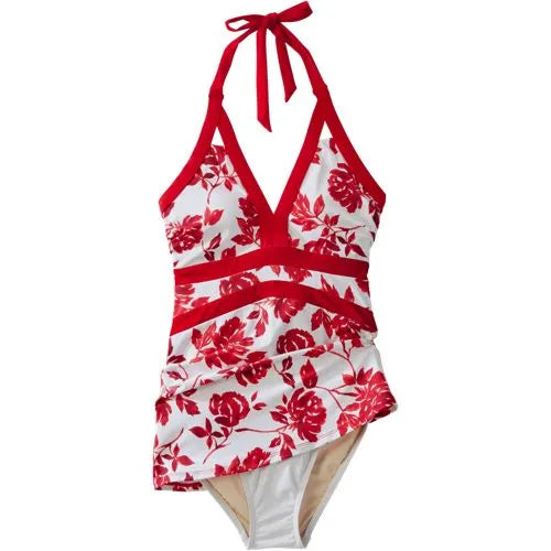 Womens V-neck Halter Mini Swim Dress