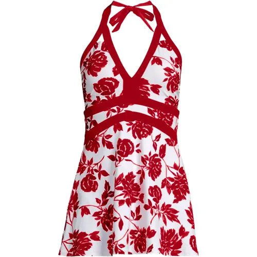 Womens V-neck Halter Mini Swim Dress