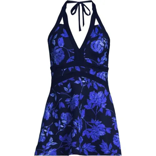 Womens V-neck Halter Mini Swim Dress