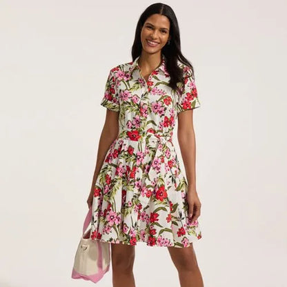 Women's Linen Blend Button Front Dress with Godets