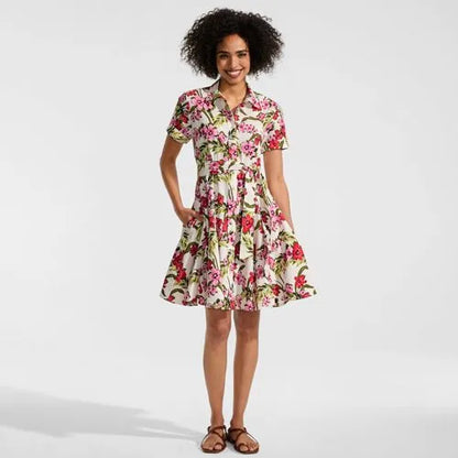 Women's Linen Blend Button Front Dress with Godets