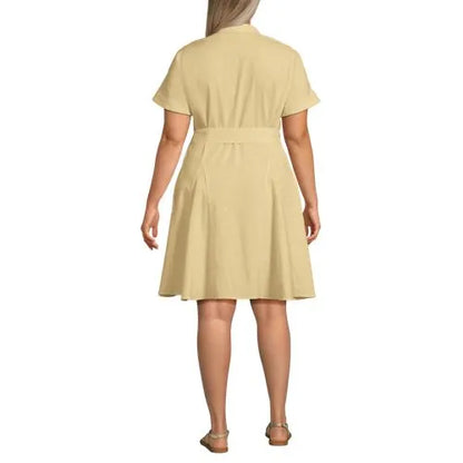 Women's Linen Blend Button Front Dress with Godets